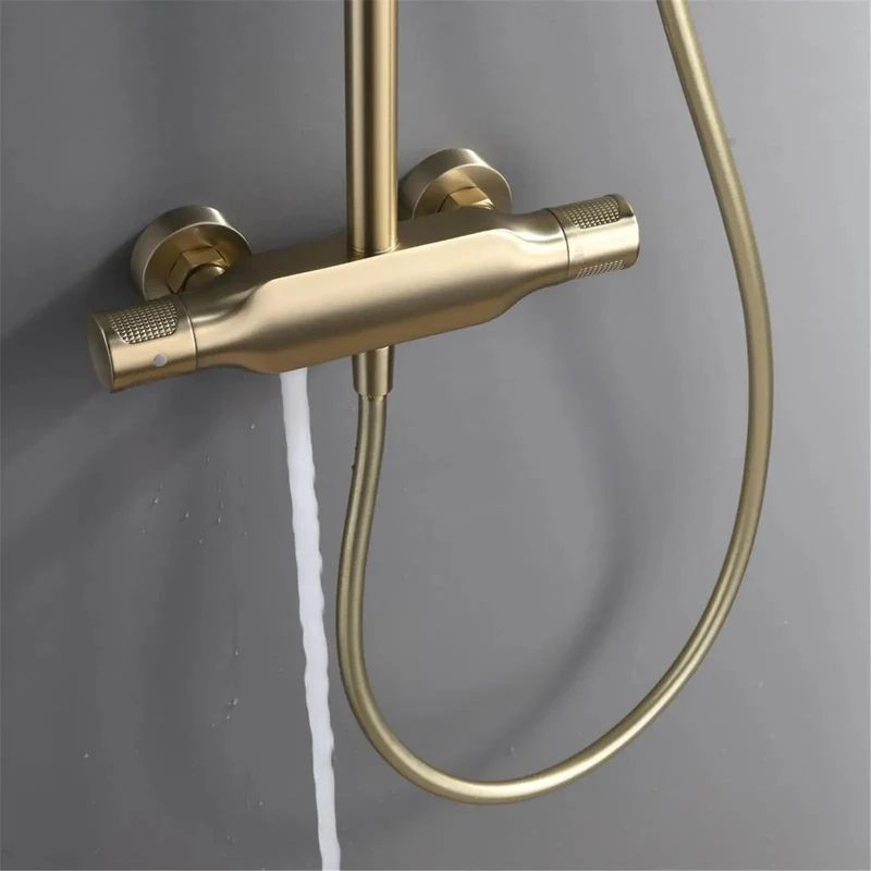 Top Shelf Brushed Gold Shower System Wall Mounted Brass Faucet Set Featuring Dual Handle Mixer And Three Mode Handheld Shower Head With Sleek Tub Spout Keeping Your Daily Routine Looking Clean