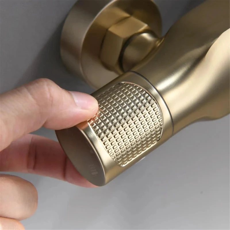 Top Shelf Brushed Gold Shower System Wall Mounted Brass Faucet Set Featuring Dual Handle Mixer And Three Mode Handheld Shower Head With Sleek Tub Spout Keeping Your Daily Routine Looking Clean