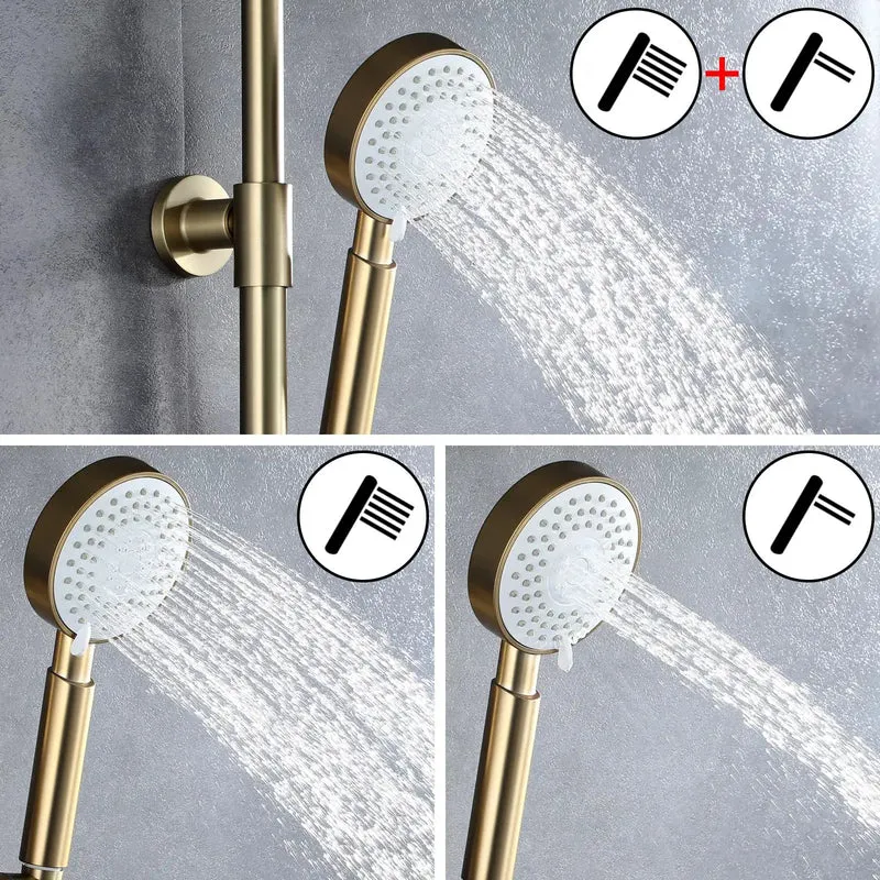 Top Shelf Brushed Gold Shower System Wall Mounted Brass Faucet Set Featuring Dual Handle Mixer And Three Mode Handheld Shower Head With Sleek Tub Spout Keeping Your Daily Routine Looking Clean