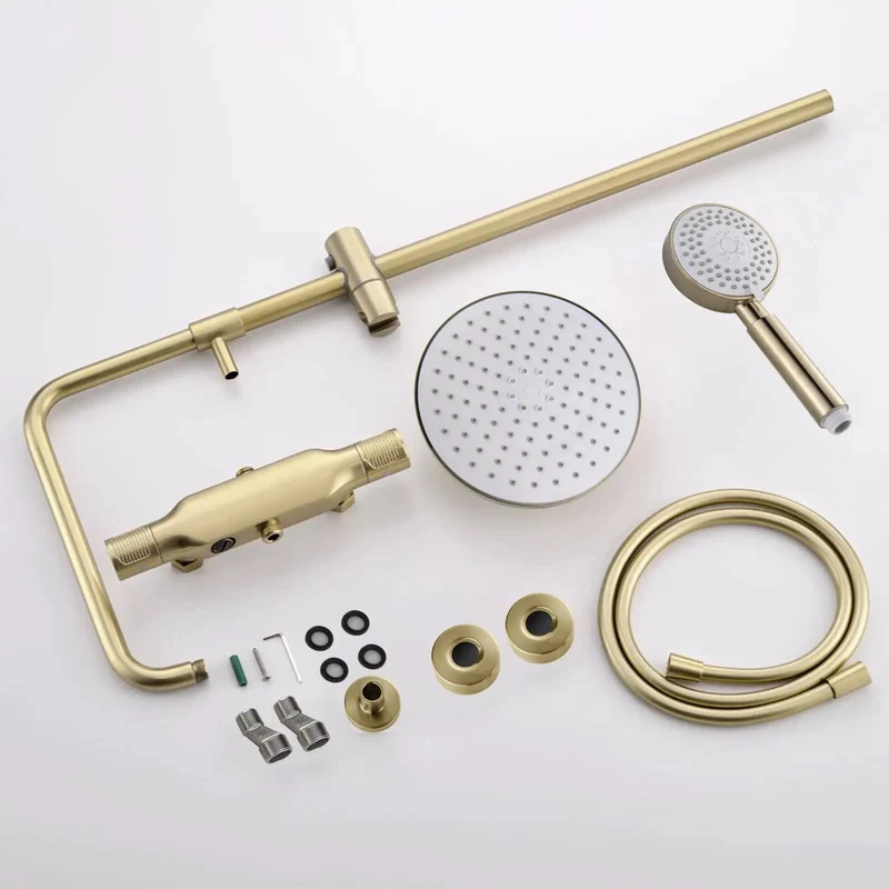 Top Shelf Brushed Gold Shower System Wall Mounted Brass Faucet Set Featuring Dual Handle Mixer And Three Mode Handheld Shower Head With Sleek Tub Spout Keeping Your Daily Routine Looking Clean