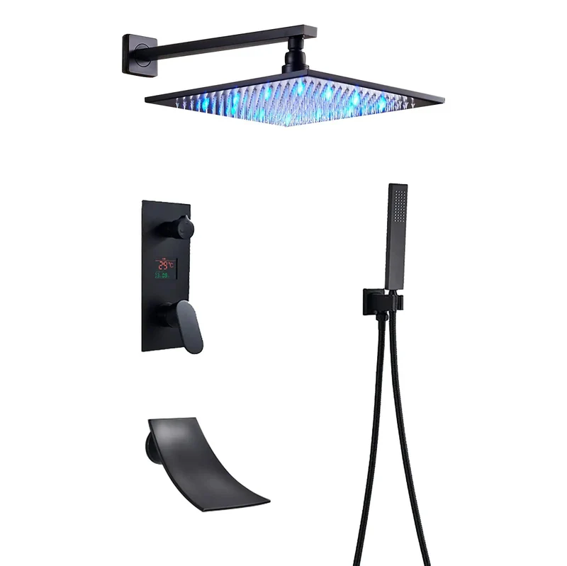 Top Shelf Slick Black Shower System With Battery Free Digital Display And Waterfall Tub Spout Includes 10 Inch Rainhead And Handy Sprayer Zero Fuss Luxury Bath Fixtures