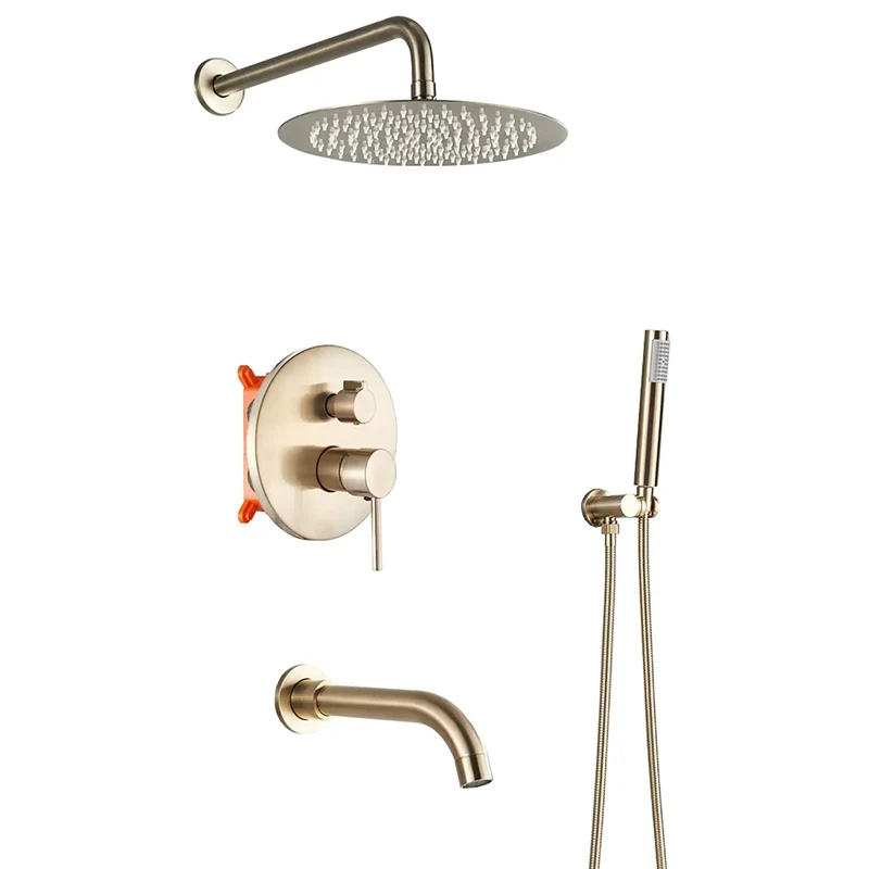 Super Slick Brushed Gold Shower System With Built Tough Brass Body And Wall Mounted Tub Spout Featuring Rock Solid Air Pressurized Round Head And Handheld Wand For Effortless Showers