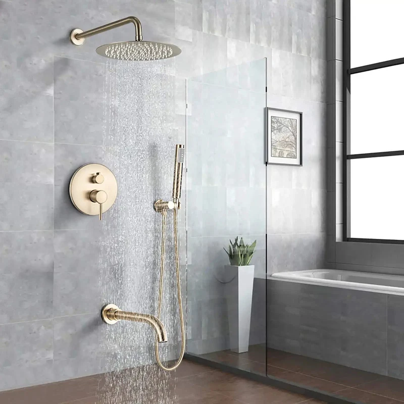 Super Slick Brushed Gold Shower System With Built Tough Brass Body And Wall Mounted Tub Spout Featuring Rock Solid Air Pressurized Round Head And Handheld Wand For Effortless Showers