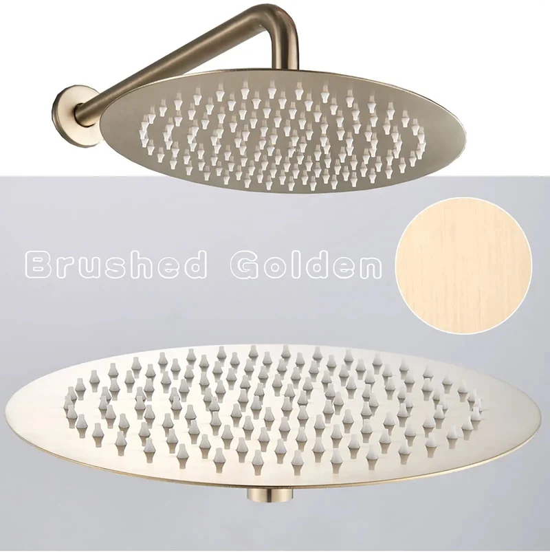 Super Slick Brushed Gold Shower System With Built Tough Brass Body And Wall Mounted Tub Spout Featuring Rock Solid Air Pressurized Round Head And Handheld Wand For Effortless Showers