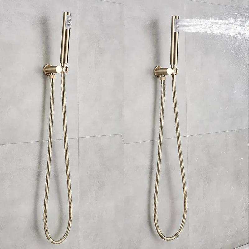 Super Slick Brushed Gold Shower System With Built Tough Brass Body And Wall Mounted Tub Spout Featuring Rock Solid Air Pressurized Round Head And Handheld Wand For Effortless Showers