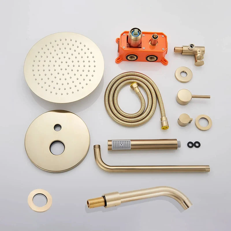 Super Slick Brushed Gold Shower System With Built Tough Brass Body And Wall Mounted Tub Spout Featuring Rock Solid Air Pressurized Round Head And Handheld Wand For Effortless Showers