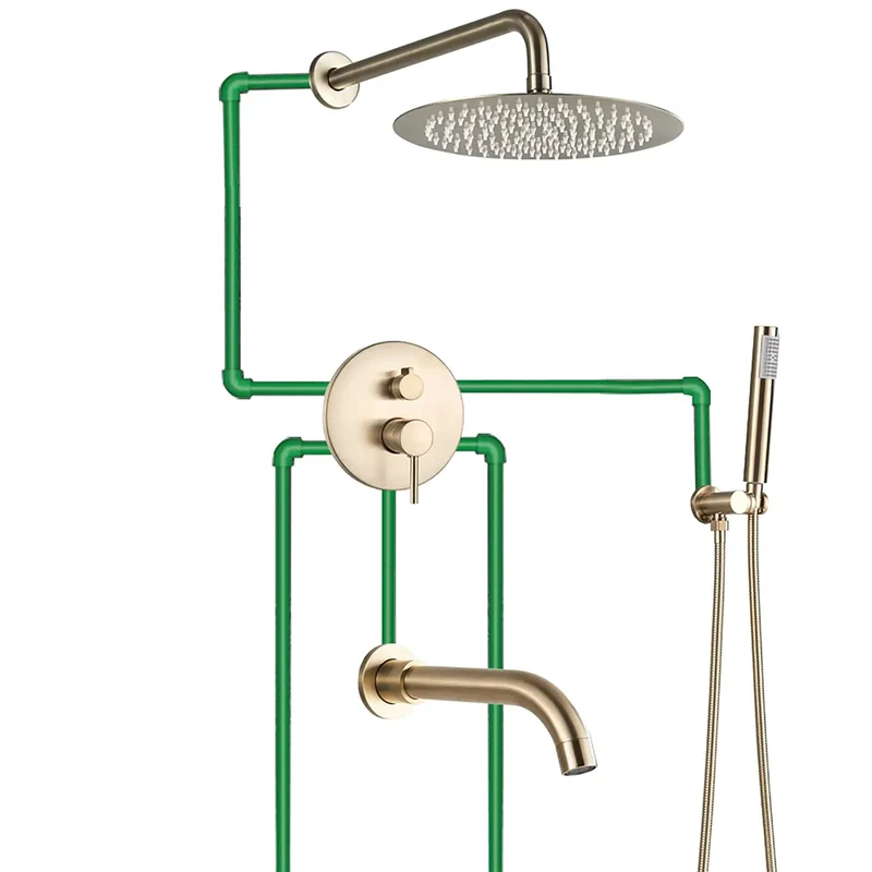 Super Slick Brushed Gold Shower System With Built Tough Brass Body And Wall Mounted Tub Spout Featuring Rock Solid Air Pressurized Round Head And Handheld Wand For Effortless Showers