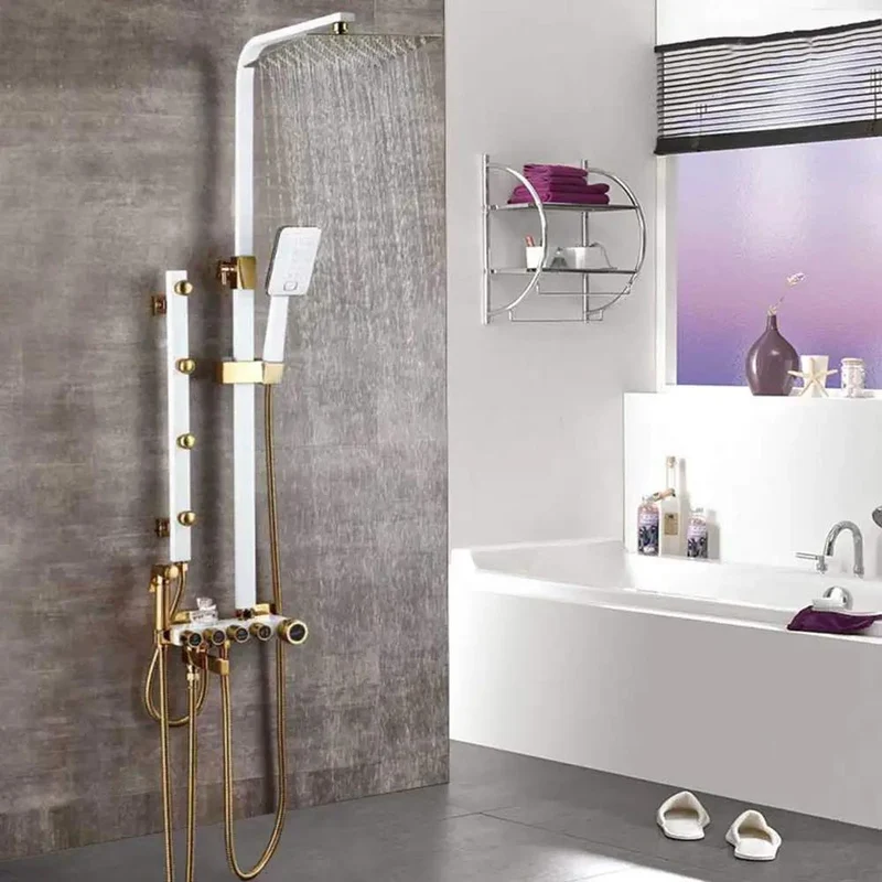 Upgrade Your Bathroom Flex With This Badass Multifunction Shower System Featuring Gnarly Massage Jets And Hella Smooth Four Handles Plus Handheld Sprayer And Sleek White Gold Finish For Everyday Comfort