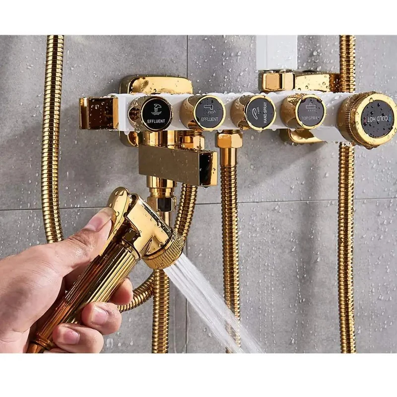 Upgrade Your Bathroom Flex With This Badass Multifunction Shower System Featuring Gnarly Massage Jets And Hella Smooth Four Handles Plus Handheld Sprayer And Sleek White Gold Finish For Everyday Comfort