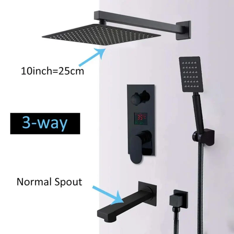 Slick Matte Black Digital Shower System Wall Mounted Multi Function Faucet Combo Set Including Sixteen Inch Oversized Rain Head And Quick Grip Hand Spray For A Hassle Free Bathroom Glow Up