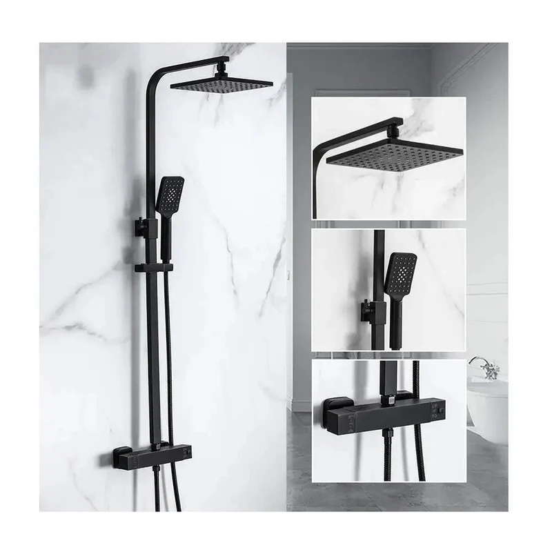 Heavy Duty Black Thermostatic Shower System With Double Handle Faucet Rainfall Shower Head Handheld Sprayer Valve Combo Featuring Antiscald Safety Lock For Smooth Zero Leak Daily Showers