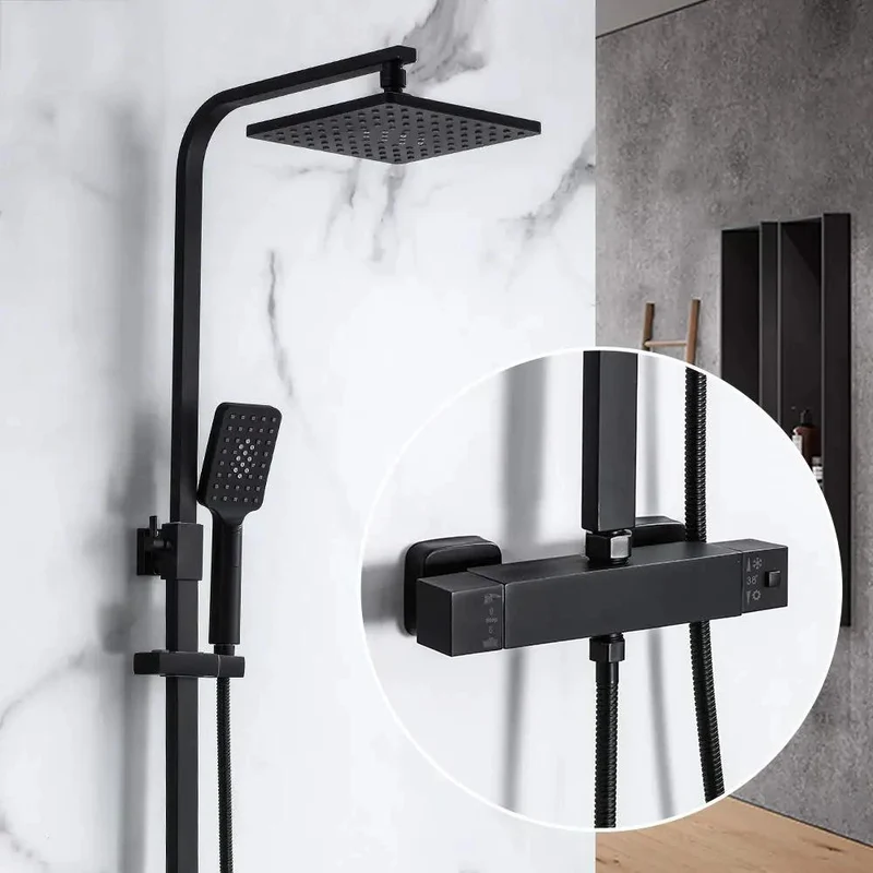Heavy Duty Black Thermostatic Shower System With Double Handle Faucet Rainfall Shower Head Handheld Sprayer Valve Combo Featuring Antiscald Safety Lock For Smooth Zero Leak Daily Showers