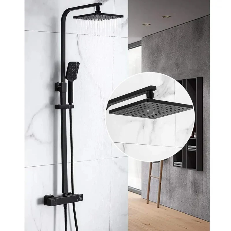 Heavy Duty Black Thermostatic Shower System With Double Handle Faucet Rainfall Shower Head Handheld Sprayer Valve Combo Featuring Antiscald Safety Lock For Smooth Zero Leak Daily Showers