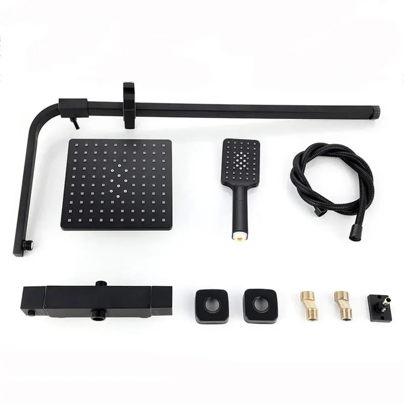 Heavy Duty Black Thermostatic Shower System With Double Handle Faucet Rainfall Shower Head Handheld Sprayer Valve Combo Featuring Antiscald Safety Lock For Smooth Zero Leak Daily Showers