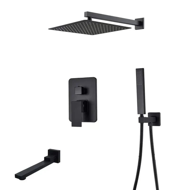 Matte Black Wall Mounted Shower System With Concealed Faucet, Rain Showerhead And Handheld Sprayer With Swivel Tub Spout Slick Finish Killer Combo No Drip For Home Bath