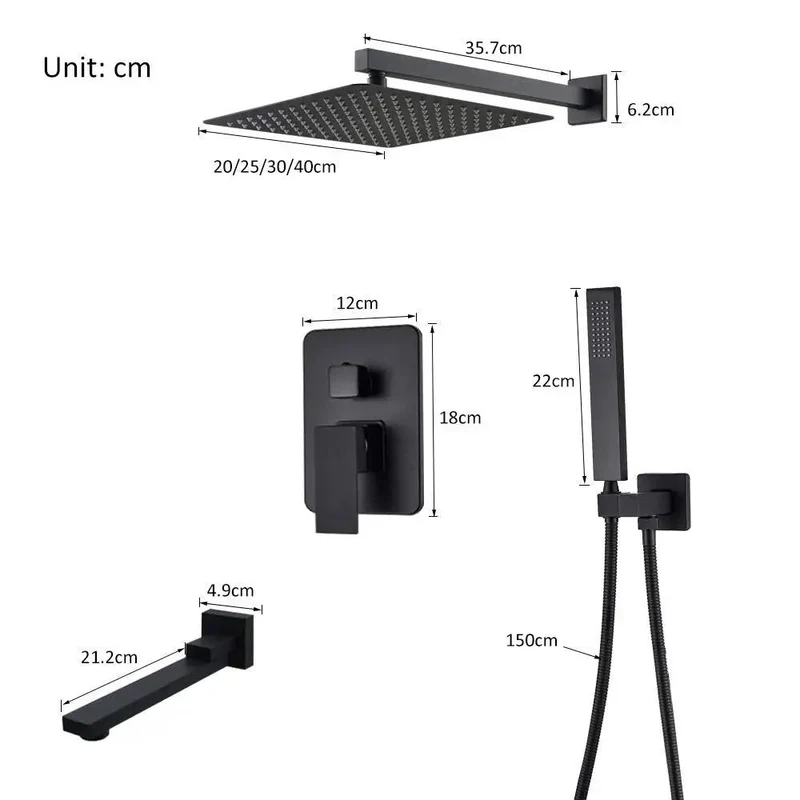 Matte Black Wall Mounted Shower System With Concealed Faucet, Rain Showerhead And Handheld Sprayer With Swivel Tub Spout Slick Finish Killer Combo No Drip For Home Bath