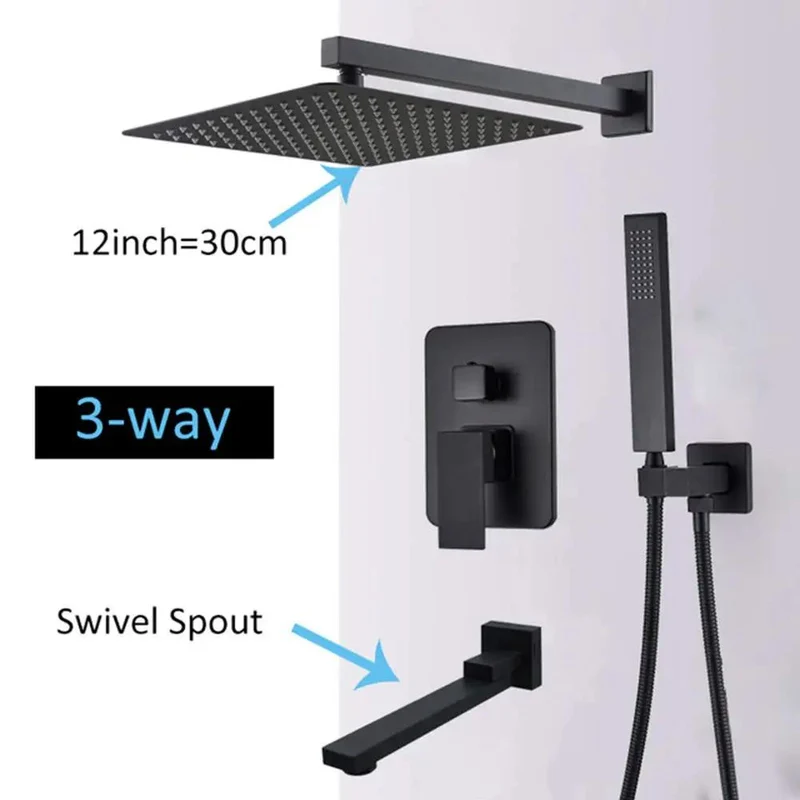 Matte Black Wall Mounted Shower System With Concealed Faucet, Rain Showerhead And Handheld Sprayer With Swivel Tub Spout Slick Finish Killer Combo No Drip For Home Bath