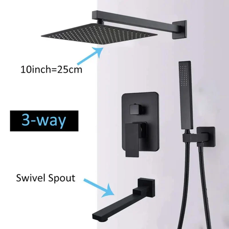 Slick Matte Black Wall Mounted Shower System With Concealed Faucet Combo Set Featuring 10 Inch Rainfall Head Handheld Spray Wand And Swivel Tub Spout For A Straight Up Premium Bathroom Setup