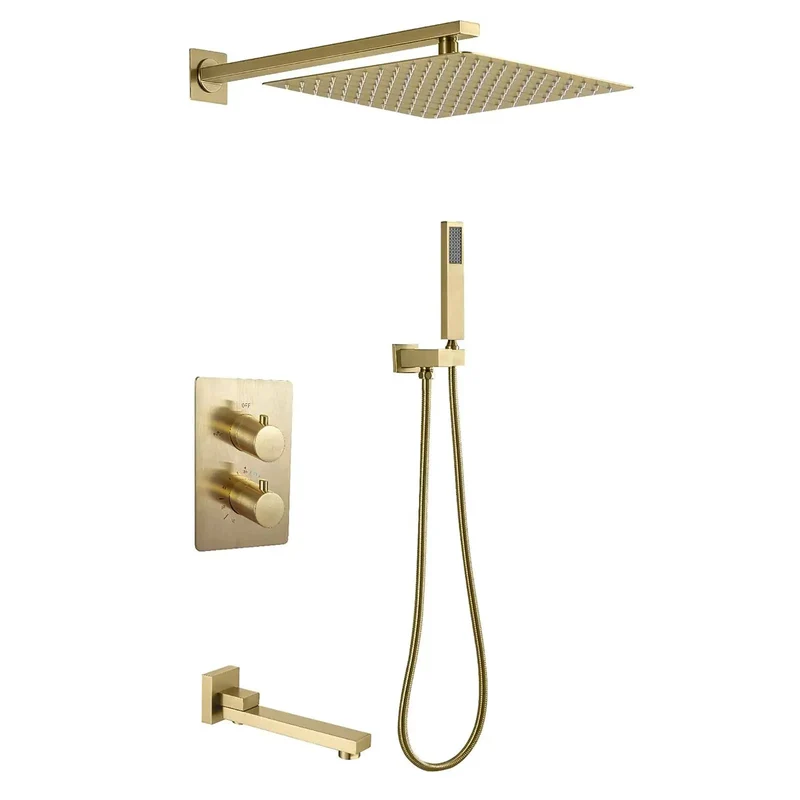 Straight Up Premium Brushed Gold Shower System With Thermostatic Brass Faucet And Wall Mounted Dual Head Combo Featuring Rotating Tub Spout And Smooth Water Flow For Laid Back Daily Comfort