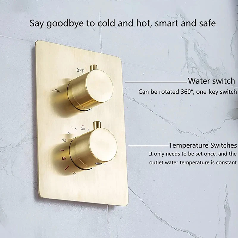 Straight Up Premium Brushed Gold Shower System With Thermostatic Brass Faucet And Wall Mounted Dual Head Combo Featuring Rotating Tub Spout And Smooth Water Flow For Laid Back Daily Comfort