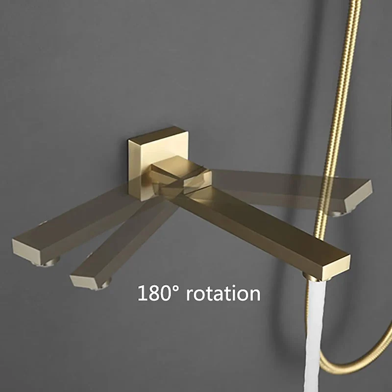 Straight Up Premium Brushed Gold Shower System With Thermostatic Brass Faucet And Wall Mounted Dual Head Combo Featuring Rotating Tub Spout And Smooth Water Flow For Laid Back Daily Comfort