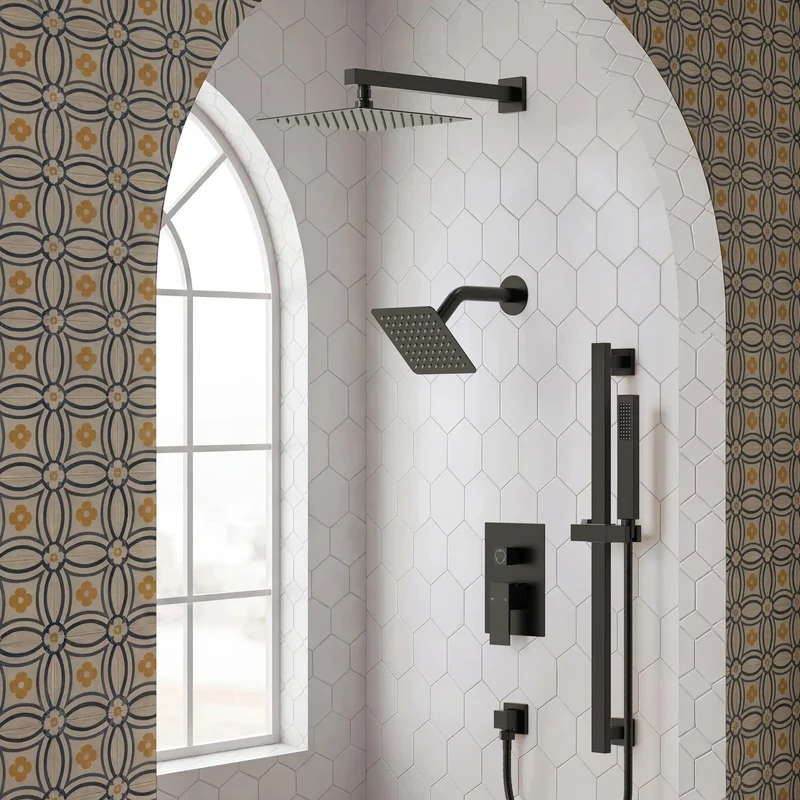 Heavy Duty Wall Mount Shower System With Handheld Sprayer And 10 Inch Rainfall Head, Slick Matte Black Finish Dual Head Kit With Wide Glide Rail And Anti Scald PBV Valve For Top Shelf Bathroom Build