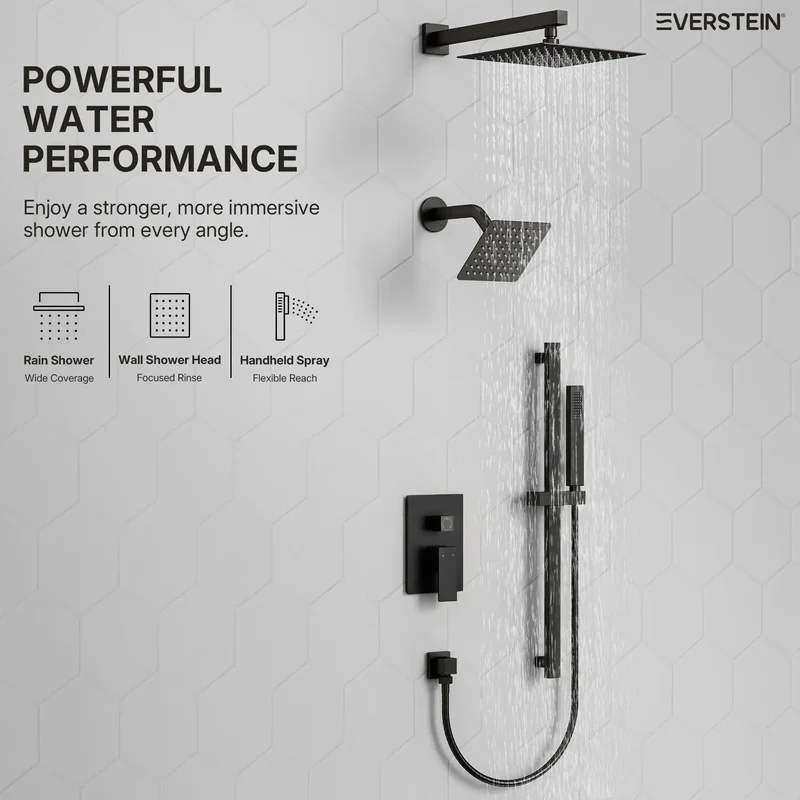 Heavy Duty Wall Mount Shower System With Handheld Sprayer And 10 Inch Rainfall Head, Slick Matte Black Finish Dual Head Kit With Wide Glide Rail And Anti Scald PBV Valve For Top Shelf Bathroom Build