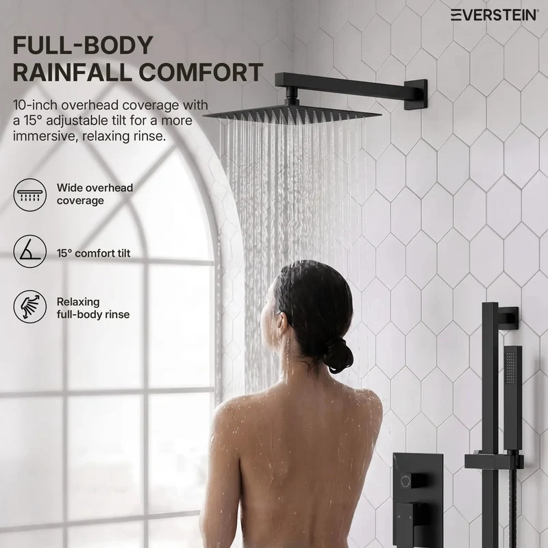 Heavy Duty Wall Mount Shower System With Handheld Sprayer And 10 Inch Rainfall Head, Slick Matte Black Finish Dual Head Kit With Wide Glide Rail And Anti Scald PBV Valve For Top Shelf Bathroom Build