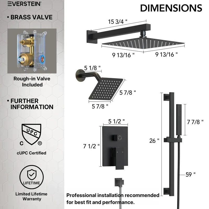 Heavy Duty Wall Mount Shower System With Handheld Sprayer And 10 Inch Rainfall Head, Slick Matte Black Finish Dual Head Kit With Wide Glide Rail And Anti Scald PBV Valve For Top Shelf Bathroom Build