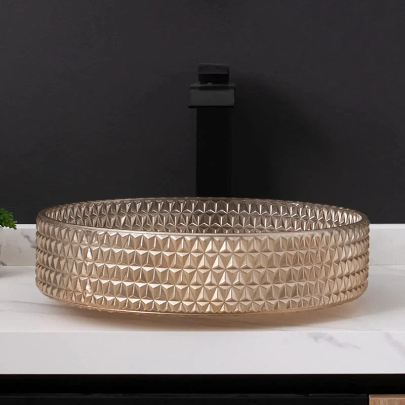 Rock Solid Round Vessel Sink With Brass Pop Up Drain Slick Crystal Finish For Countertop Vanity Zero Hassle Install Heavy Duty Glass Basin Straight Up Modern Art Sink Tough Build For Your Daily Grind Upgrade