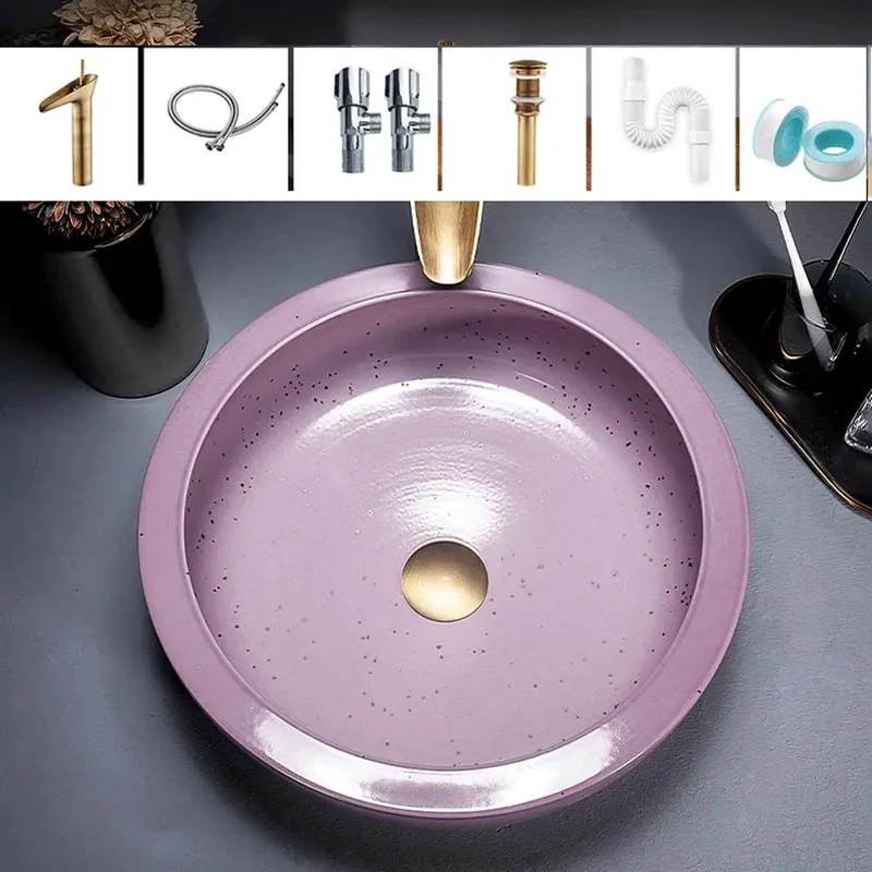 Killer 41 Cm Round Artistic Vessel Sink In Sweet Pink Ceramic Countertop Basin For Bathroom Vanity Above Counter Decor Lavatory Bowl Showroom Grade Smooth Finish