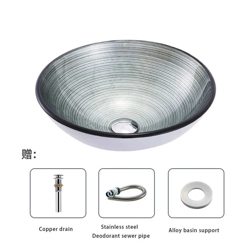 Badass Tempered Glass Vessel Sink With Slick Spiral Pattern And Complete Waterfall Faucet Kit For Fly Bathroom Vanities And Tough Scratch Proof Cleanup Routine Setup