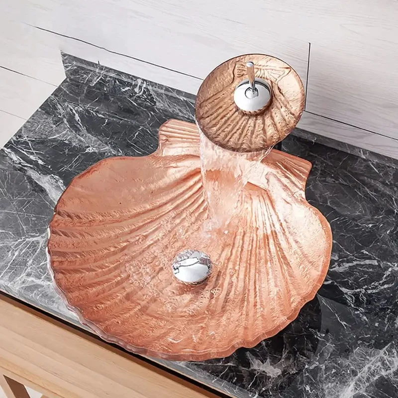 Top Shelf Shell Shaped Vessel Bathroom Sink In Premium Crystal Glass For Countertop Vanity Includes Hassle Free Faucet And Snappy Pop Up Drain For A Fresh Upgrade
