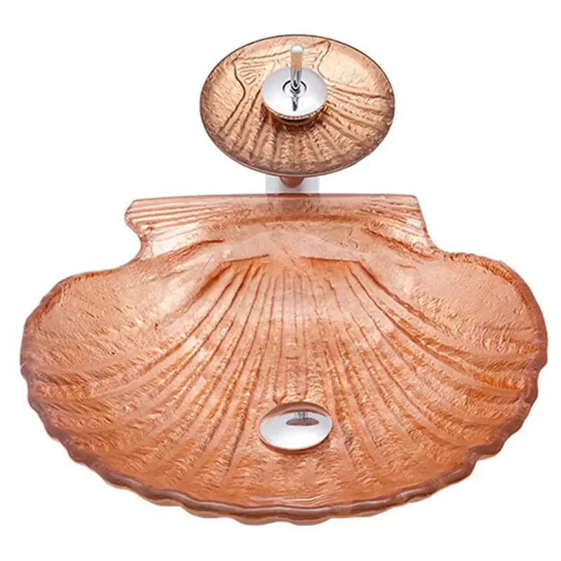 Top Shelf Shell Shaped Vessel Bathroom Sink In Premium Crystal Glass For Countertop Vanity Includes Hassle Free Faucet And Snappy Pop Up Drain For A Fresh Upgrade