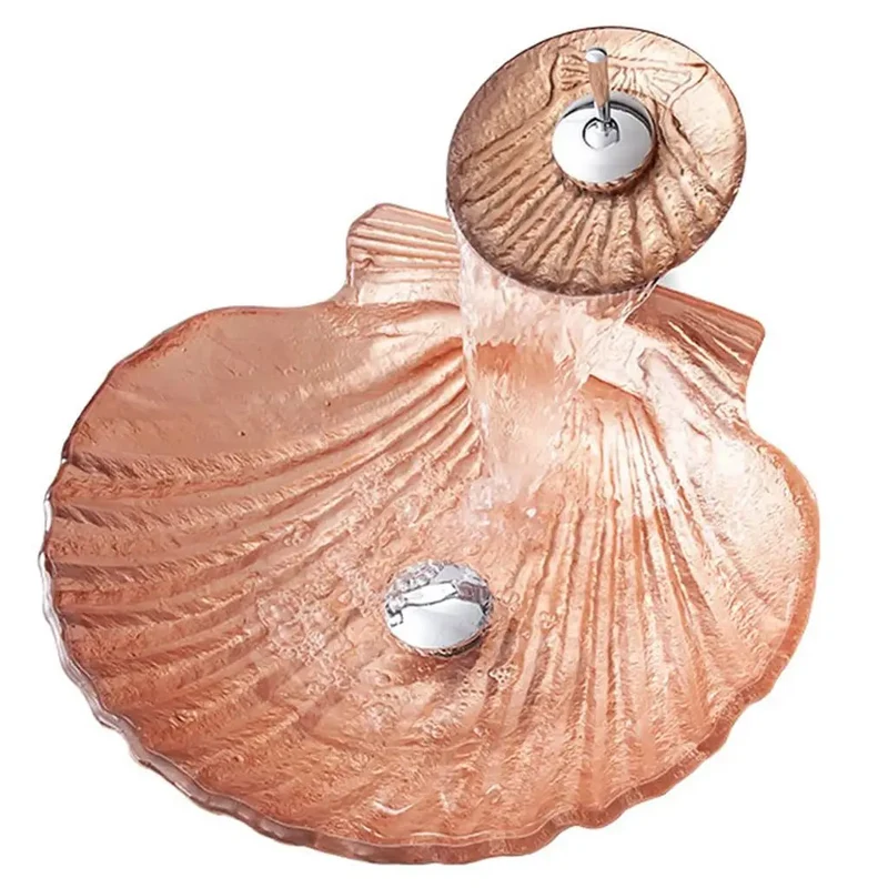 Top Shelf Shell Shaped Vessel Bathroom Sink In Premium Crystal Glass For Countertop Vanity Includes Hassle Free Faucet And Snappy Pop Up Drain For A Fresh Upgrade