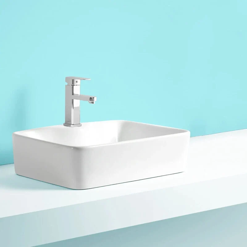 Sleek White Rectangular Countertop Bathroom Sink With Faucet Top Shelf Above Counter Ceramic Vessel Vanity Basin Showstopping Modern Minimalist Washbasin For Home Baths
