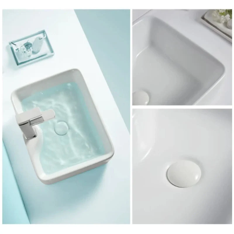 Sleek White Rectangular Countertop Bathroom Sink With Faucet Top Shelf Above Counter Ceramic Vessel Vanity Basin Showstopping Modern Minimalist Washbasin For Home Baths