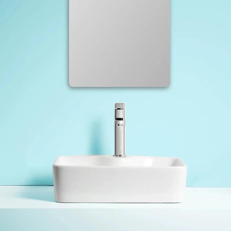 Sleek White Rectangular Countertop Bathroom Sink With Faucet Top Shelf Above Counter Ceramic Vessel Vanity Basin Showstopping Modern Minimalist Washbasin For Home Baths