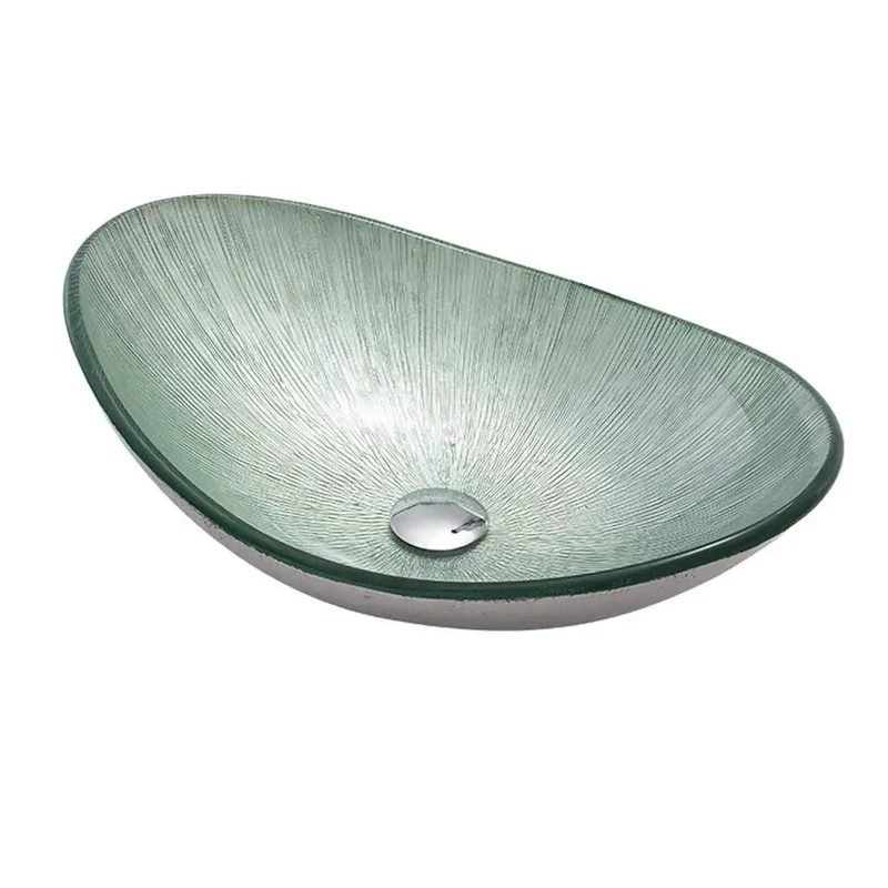 Tempered Glass Vessel Sink With Ingot Shape And Killer Curves As Art Wash Basin For Modern Bathroom Countertop Decor Featuring Center Drain And Easy Peasy Install For Fresh Chic Vibe And Classy Style With Unbeatable Durability And Pro Gear