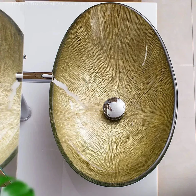 Tempered Glass Vessel Sink With Ingot Shape And Killer Curves As Art Wash Basin For Modern Bathroom Countertop Decor Featuring Center Drain And Easy Peasy Install For Fresh Chic Vibe And Classy Style With Unbeatable Durability And Pro Gear
