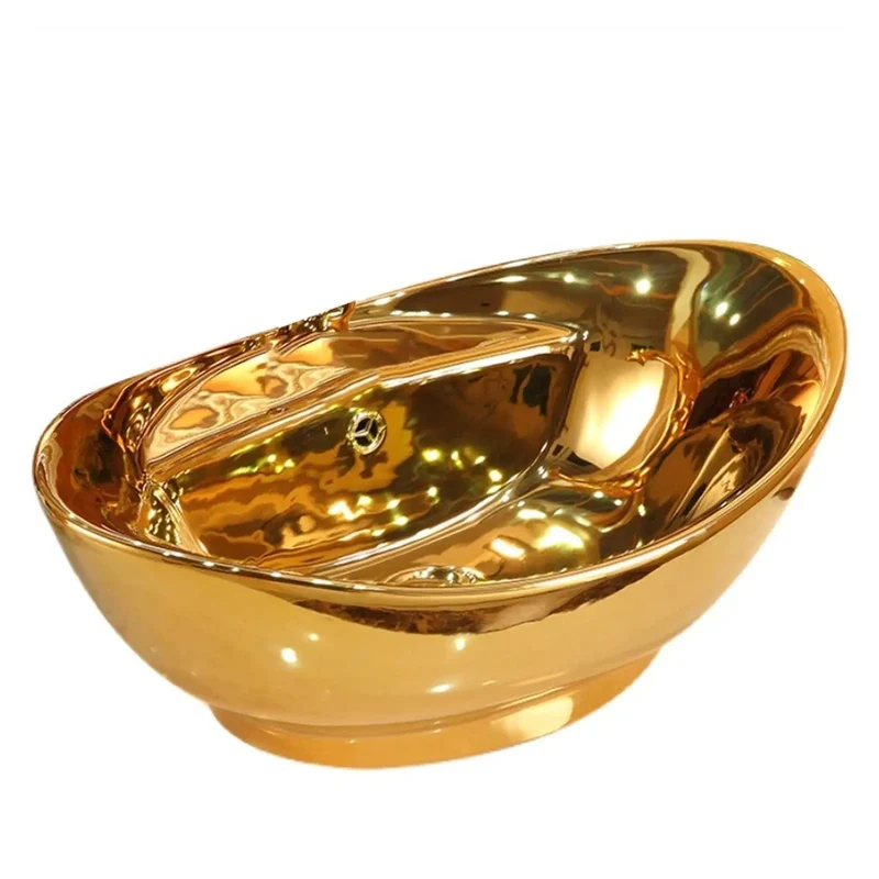 Top Shelf Slick Ceramic Countertop Bathroom Sink With Durable Golden Finish Hella Sturdy One Piece Vessel Wash Basin Perfect For Modern Vanity Or Kitchen Upgrade