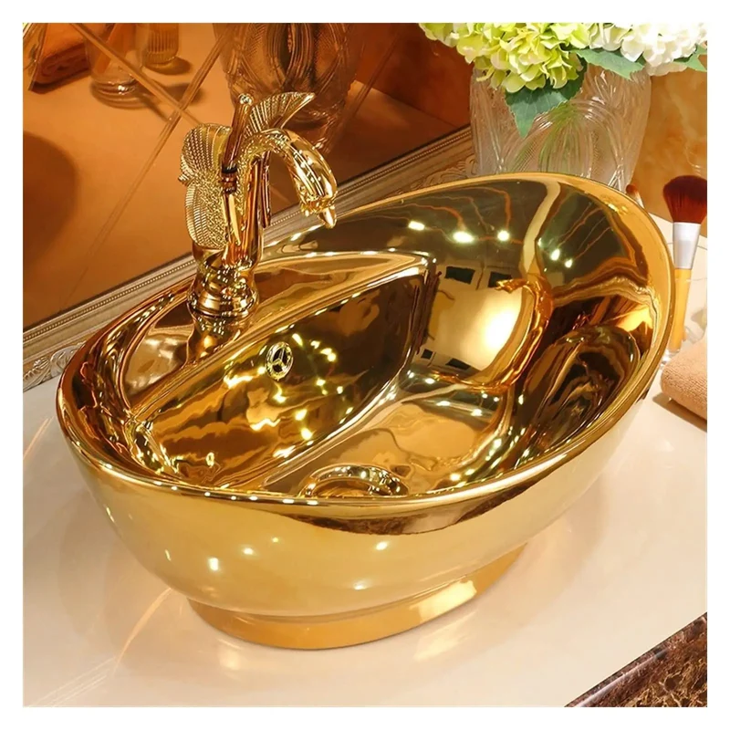 Top Shelf Slick Ceramic Countertop Bathroom Sink With Durable Golden Finish Hella Sturdy One Piece Vessel Wash Basin Perfect For Modern Vanity Or Kitchen Upgrade
