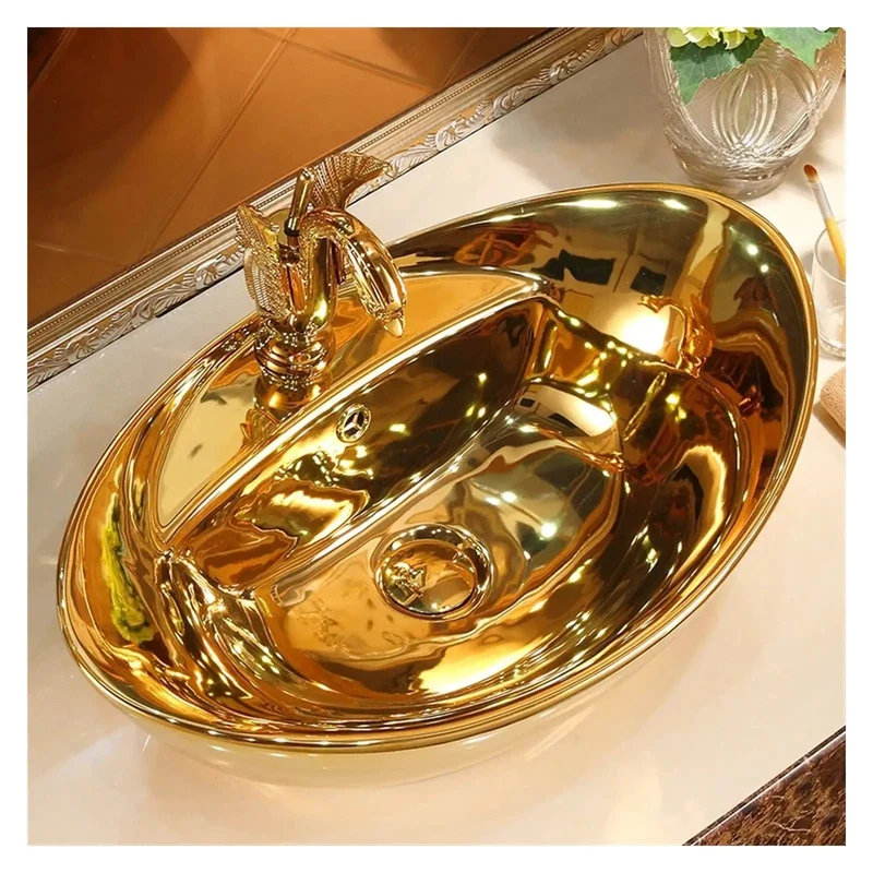 Top Shelf Slick Ceramic Countertop Bathroom Sink With Durable Golden Finish Hella Sturdy One Piece Vessel Wash Basin Perfect For Modern Vanity Or Kitchen Upgrade