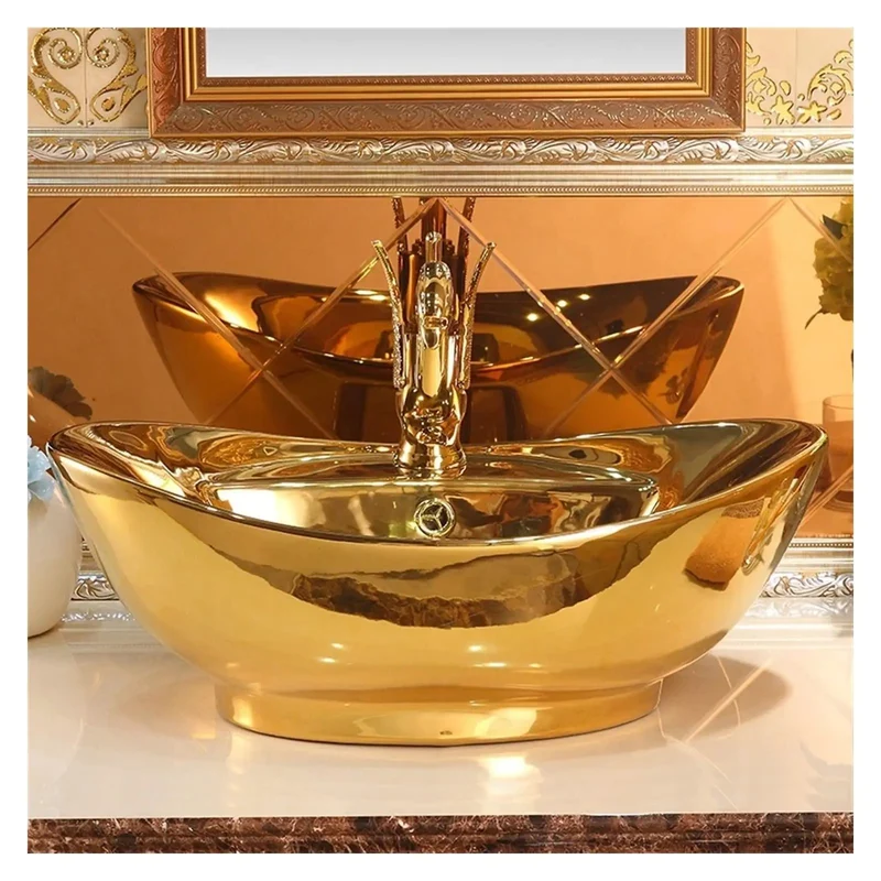 Top Shelf Slick Ceramic Countertop Bathroom Sink With Durable Golden Finish Hella Sturdy One Piece Vessel Wash Basin Perfect For Modern Vanity Or Kitchen Upgrade