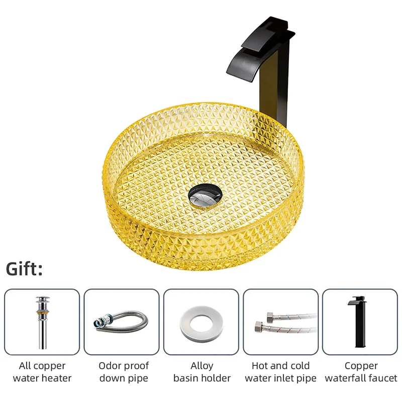 Premium Black Crystal Glass Vessel Sink For Bathroom Vanity Countertop Basin Bowl With Built In Faucet And No Sweat Pop Up Drain Modern Cylindrical Design