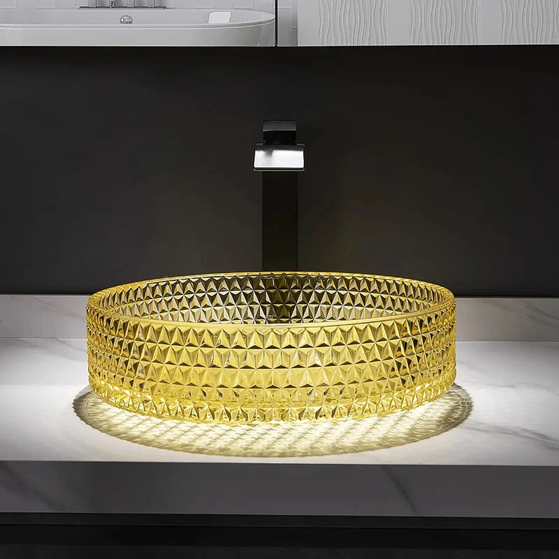 Premium Black Crystal Glass Vessel Sink For Bathroom Vanity Countertop Basin Bowl With Built In Faucet And No Sweat Pop Up Drain Modern Cylindrical Design