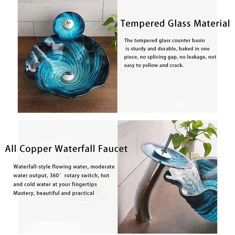 Blue Flower Shape Countertop Vessel Sink Combo Heat Treated Tempered Glass Vanity Bowl Fade Resistant Finish Built Tough To Outlast And Totally Level Up Your Decor
