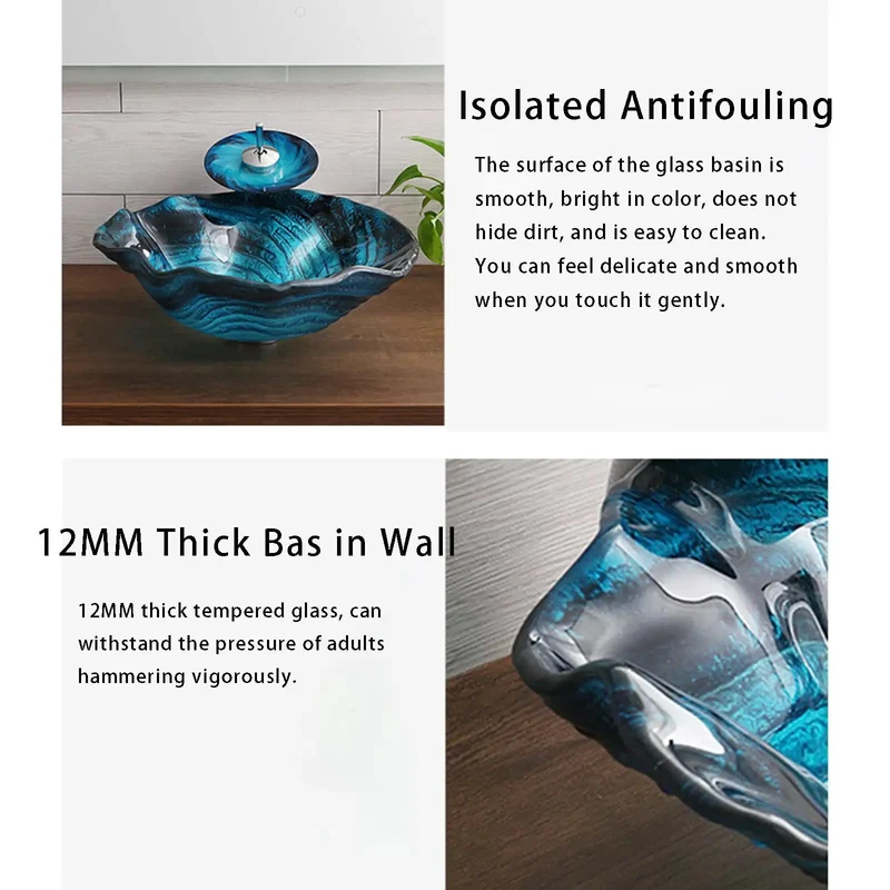 Blue Flower Shape Countertop Vessel Sink Combo Heat Treated Tempered Glass Vanity Bowl Fade Resistant Finish Built Tough To Outlast And Totally Level Up Your Decor