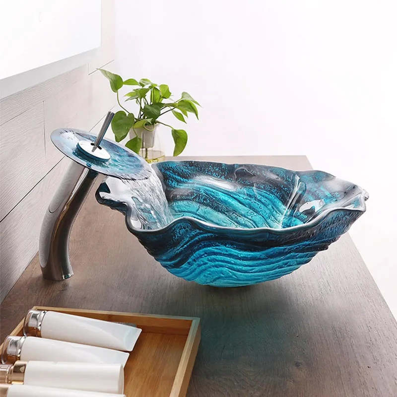 Blue Flower Shape Countertop Vessel Sink Combo Heat Treated Tempered Glass Vanity Bowl Fade Resistant Finish Built Tough To Outlast And Totally Level Up Your Decor