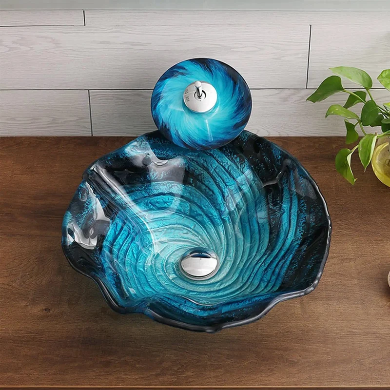 Blue Flower Shape Countertop Vessel Sink Combo Heat Treated Tempered Glass Vanity Bowl Fade Resistant Finish Built Tough To Outlast And Totally Level Up Your Decor